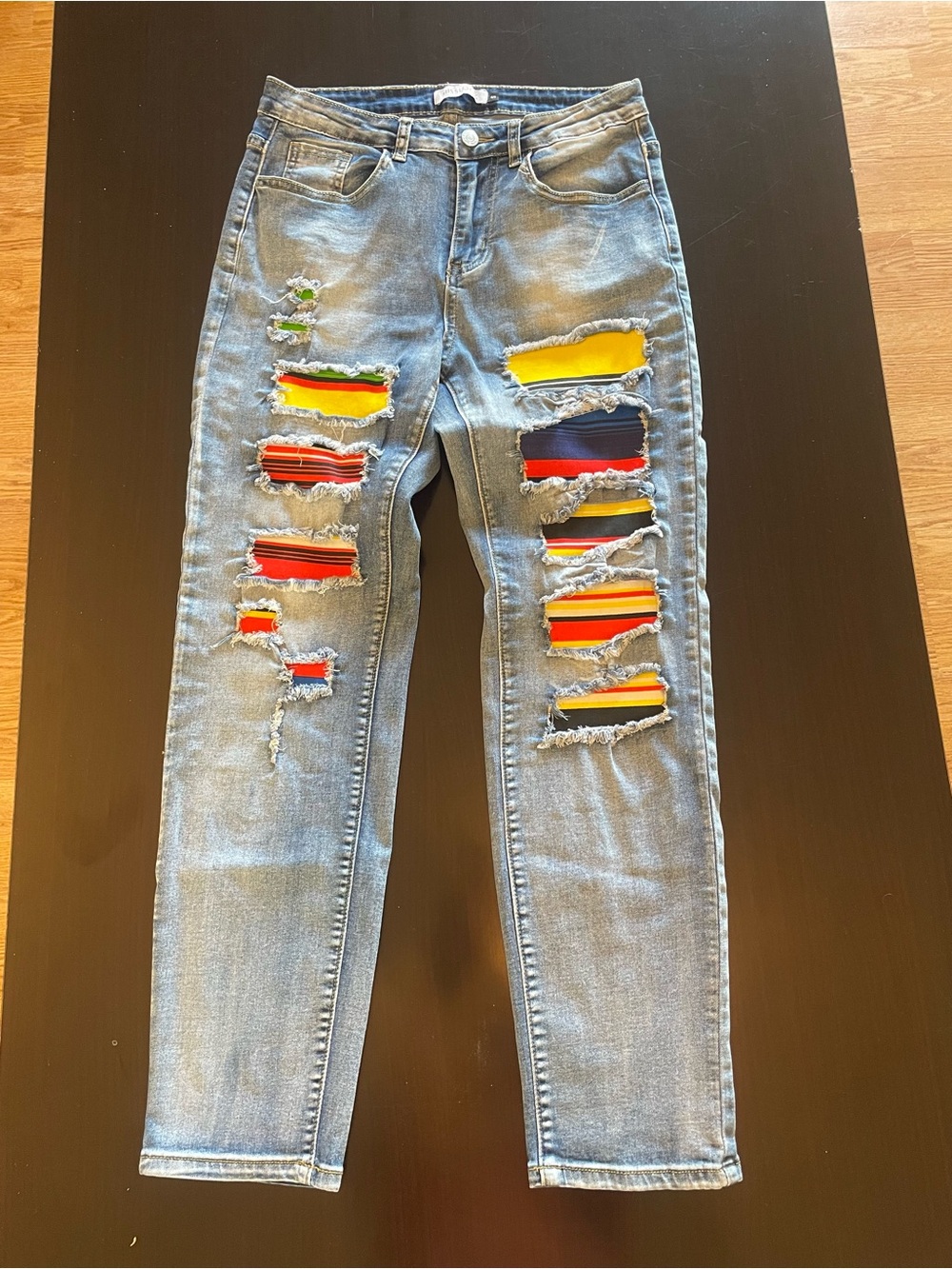 MISSLOOK Light Blue Skinny Jeans with Multicolor Striped Patchwork
